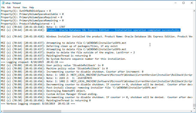 Oracle Database 18c XE Silent Install execution