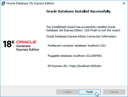 Oracle Database 18c XE Successful Installation