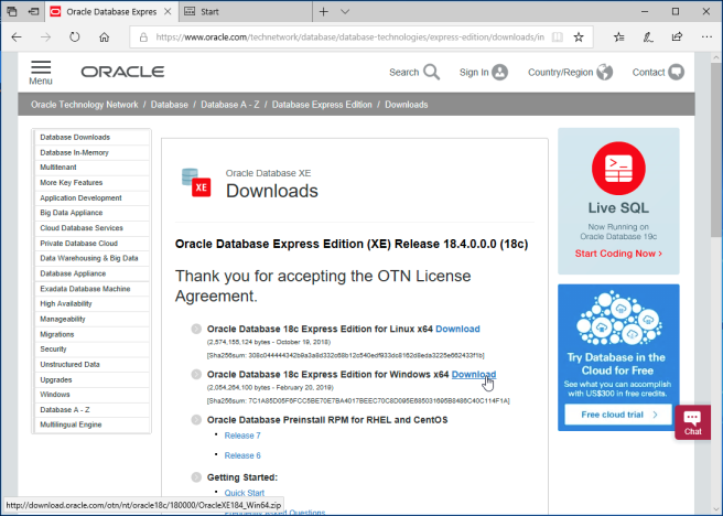Oracle 18c XE Download page